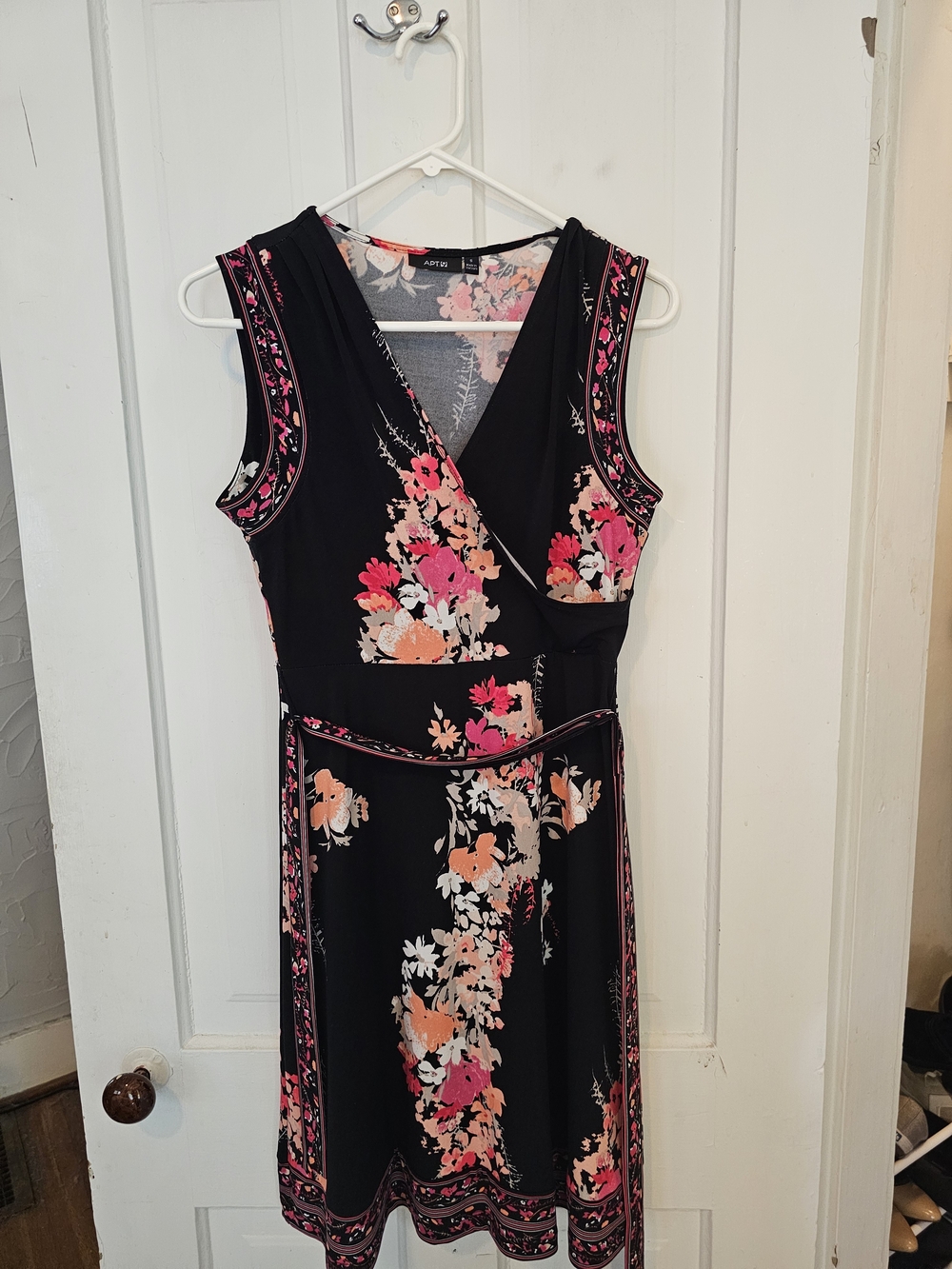 Apt. 9 Black Sleeveless Floral Wrap Knee Length Dress with Pink & Coral Blooms
